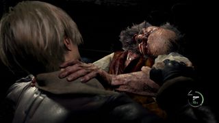 Leon being attacked by a zombie with a broken neck