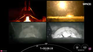 Four images in a grid of two rockets landing at night