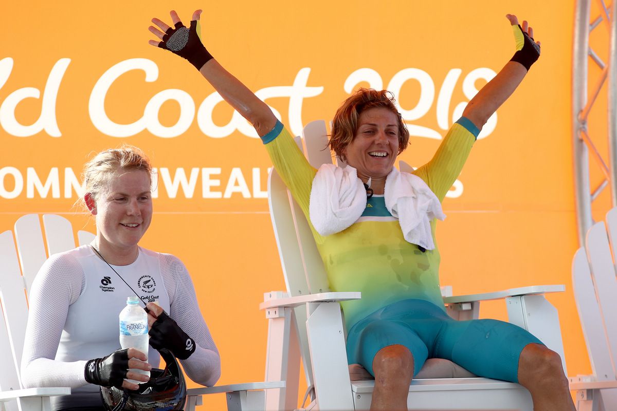 Katrin Garfoot (Australia) gets to celebrate in the hot seat