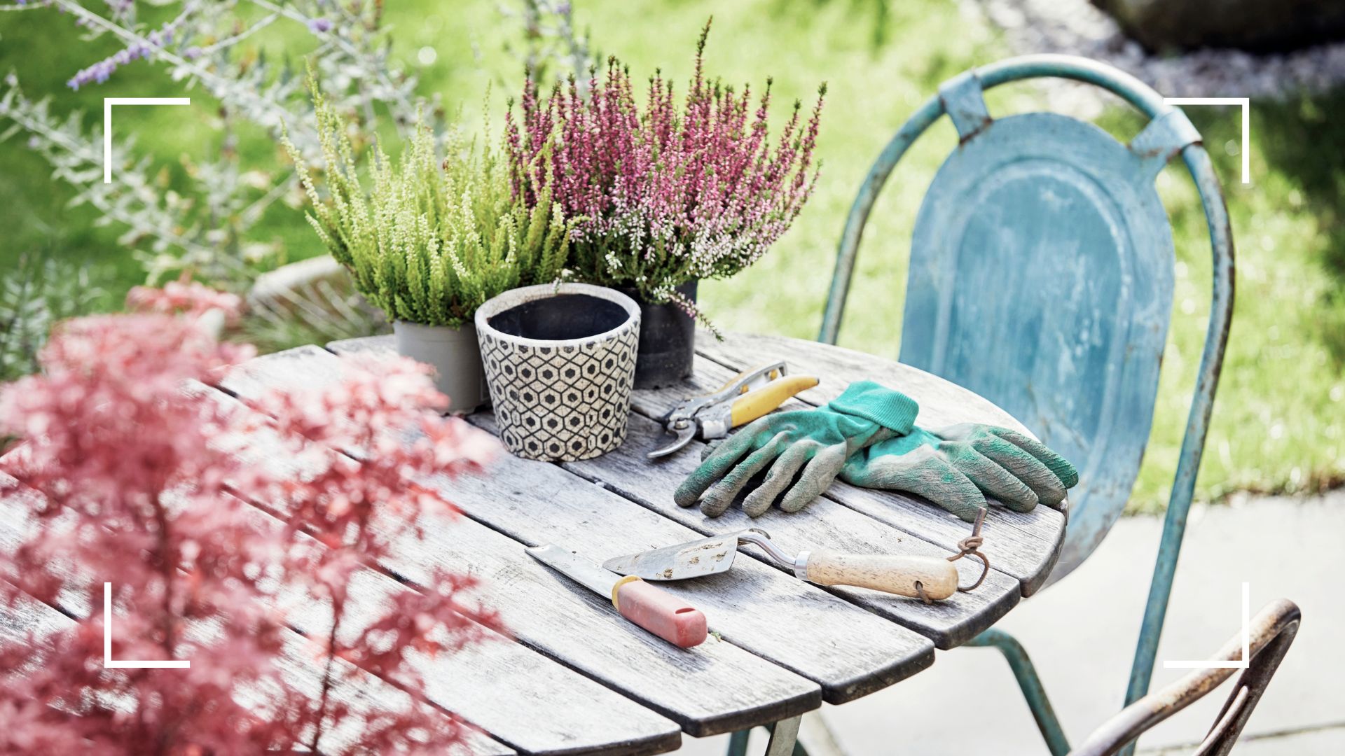  picture of garden tools on top of wooden table in garden