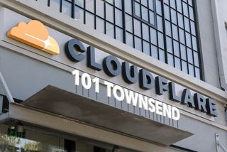 A close up of the signage outside of Cloudflare's headquarters in San Francisco, California
