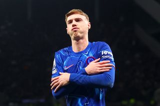 Cole Palmer of Chelsea celebrates scoring his side's second goal during the Premier League match between Tottenham Hotspur FC and Chelsea FC at Tottenham Hotspur Stadium on December 08, 2024 in London, England.