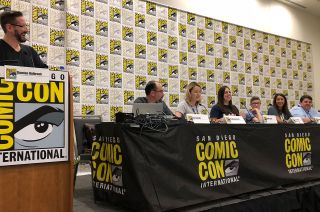 “Snoopy Space Traveler" panel at the 2018 San Diego Comic-Con with (from left to right): Damian Holbrook, moderator (TV Guide); Lex Fajardo (Charles M. Schulz Creative Associates); Stephanie Betts (DHX Media); Aimee Crane (NASA); Rachel Fellman (Charles M. Schulz Museum); Ginger Kerrick (NASA); and Robert Pearlman (collectSPACE).