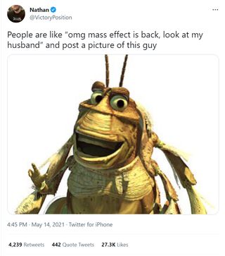 @VictoryPosition: People are like “omg mass effect is back, look at my husband” and post a picture of this guy Attached: An image of the grasshopper character from A Bug's Life.