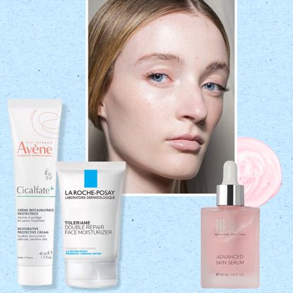 a handful of skincare products edited next to a model with clear skin