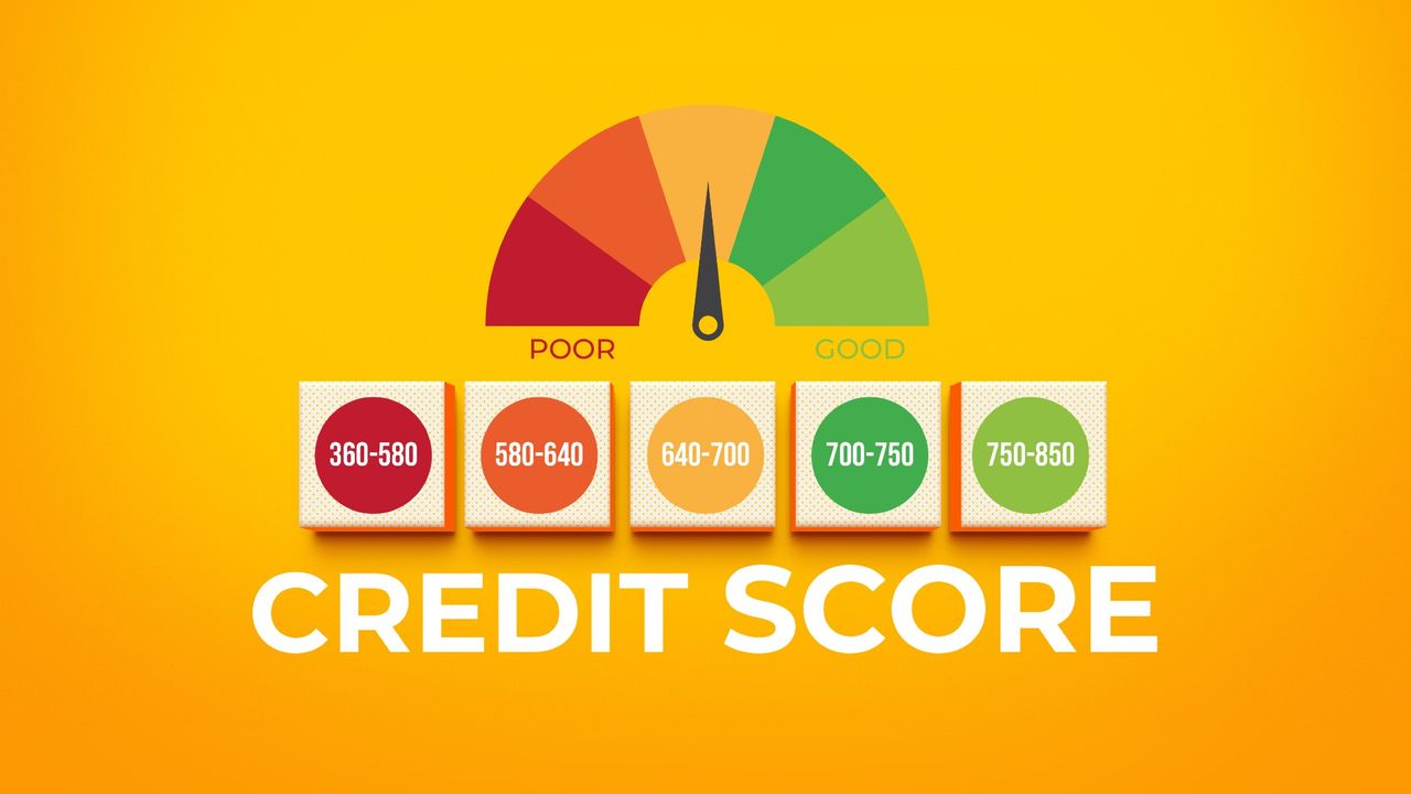 A visual representation of a credit score indicator, showcasing various credit ratings through color-coded squares arranged in a grid. Each square represents a specific credit category, ranging from poor to excellent. At the bottom, the text &quot;Credit Score&quot; is prominently displayed.