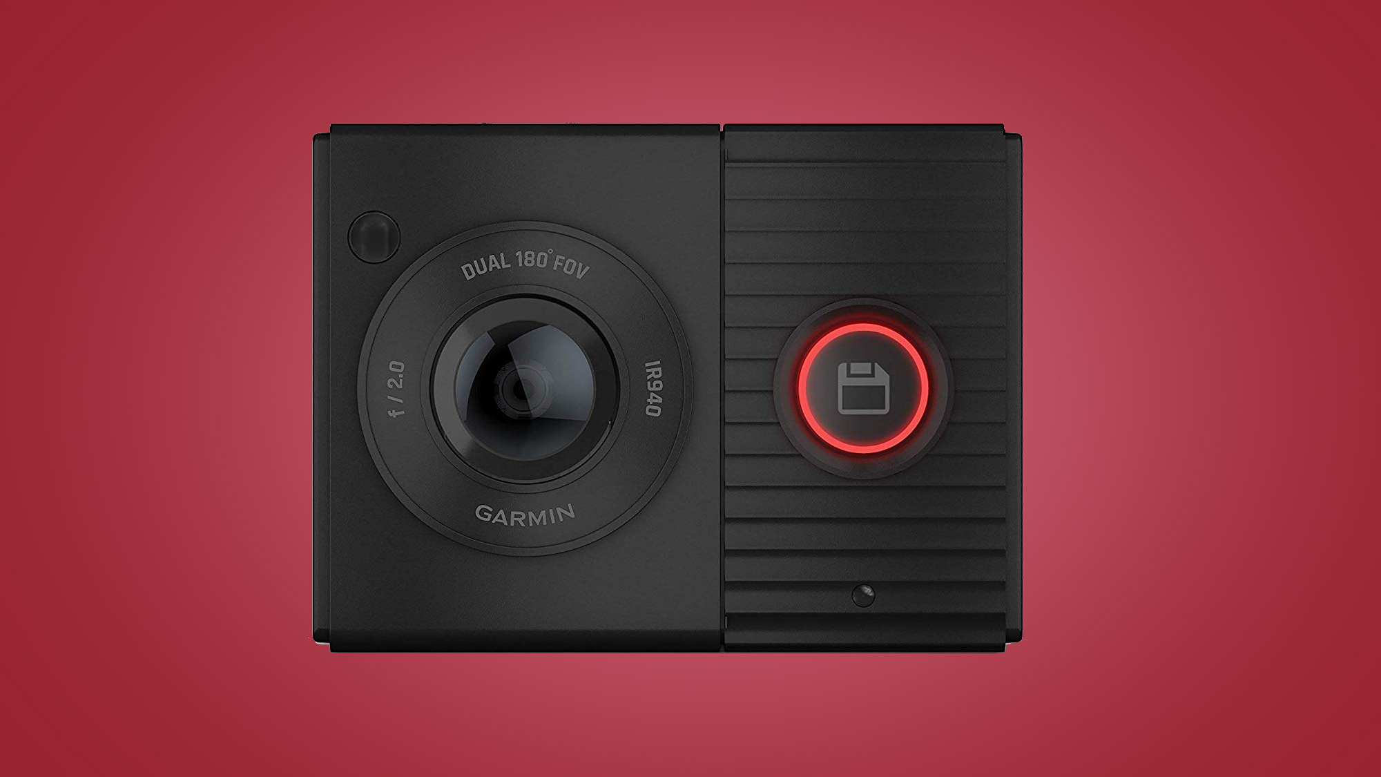 The Garmin Dash Cam Tandem, one of the best dash cam, on a red background
