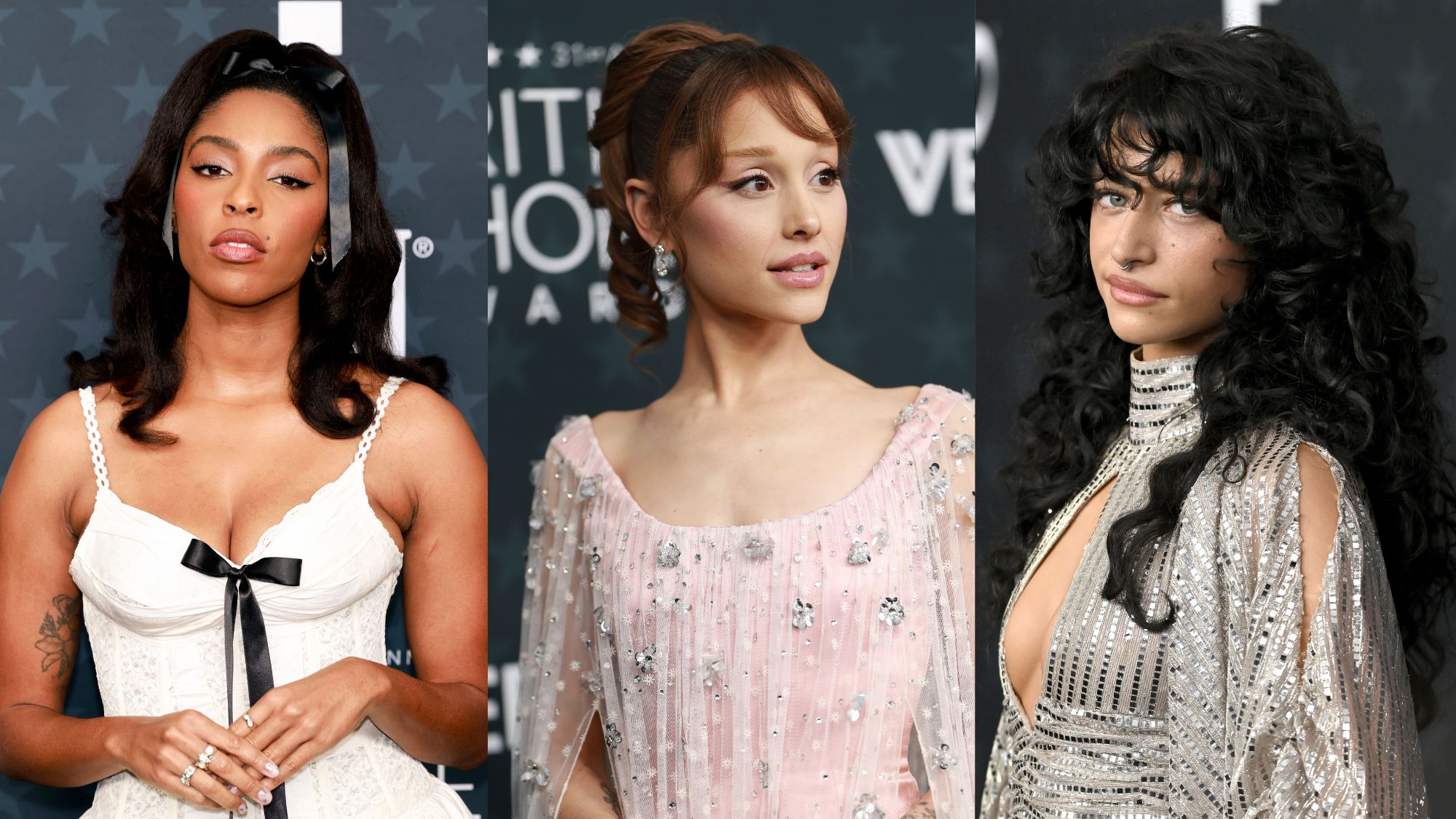 Jessica Williams, Ariana Grande, and Odessa A&rsquo;zion wearing romantic, retro hairstyles at the 31st Annual Critics Choice Awards at Barker Hangar on January 04, 2026 in Santa Monica, California.