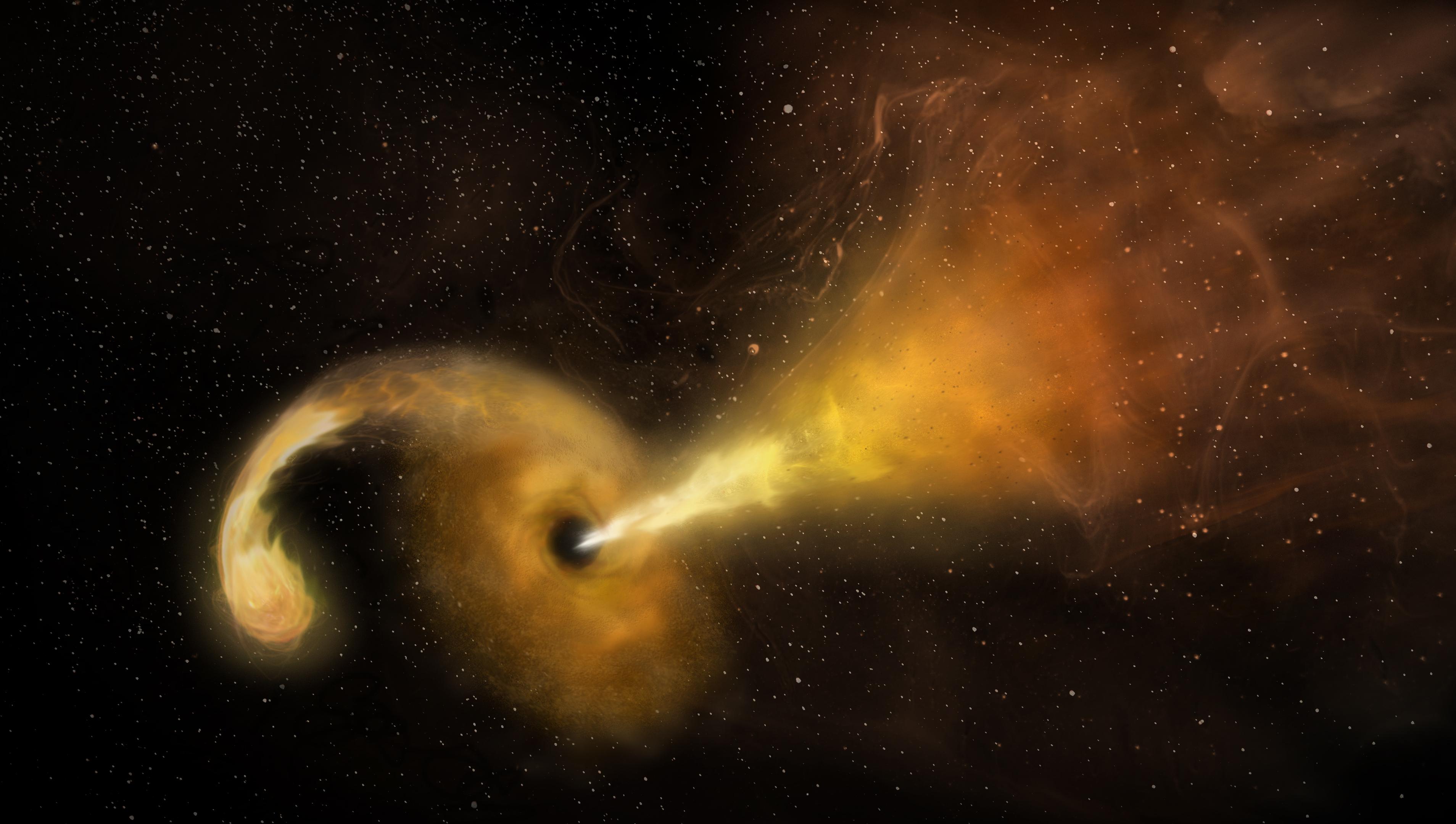 An artist's depiction of a black hole eating a star, also known as a tidal disruption event, and producing a superfast jet.