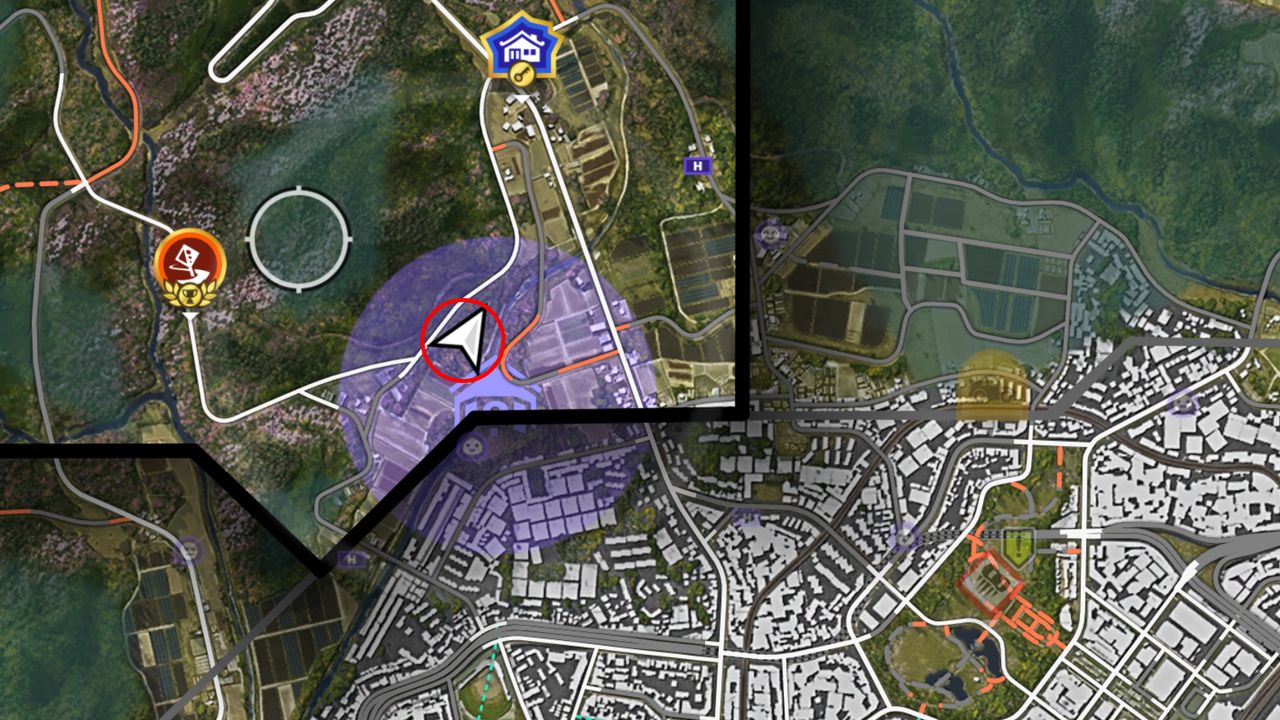 Forza Horizon 6 Barn Finds: A map with a red circle showing the location of the Barn Find within the purple search area.