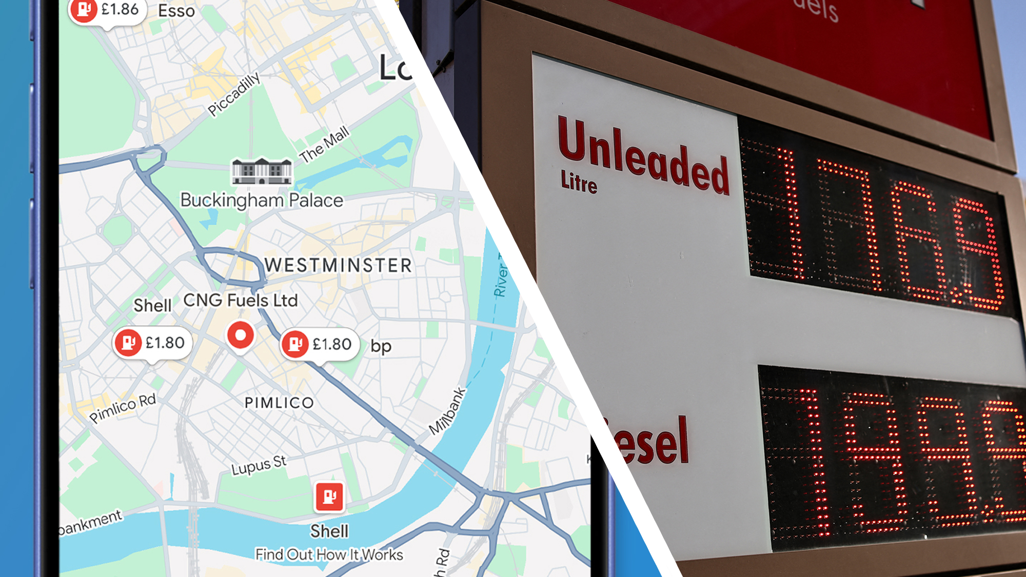 A phone showing Google Maps petrol pricing next to a petrol station sign showing pricing