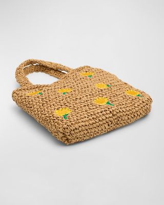 Girl's Raffia Tote Bag With Sunflowers Embroidery