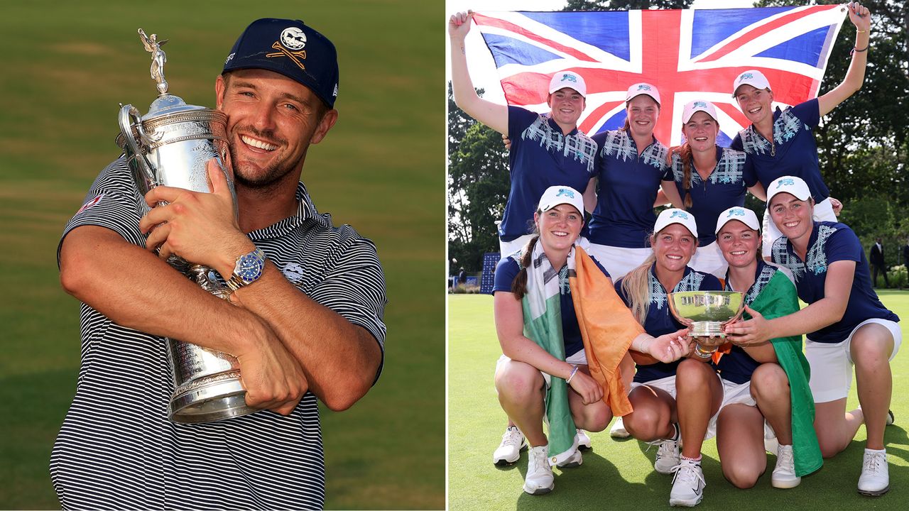 Bryson DeChambeau holds the US Open trophy, whilst Team GB&amp;I celebrate their Curtis Cup victory