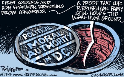Political cartoon U.S. Conyers Franken sexual harassment Democrats GOP morals