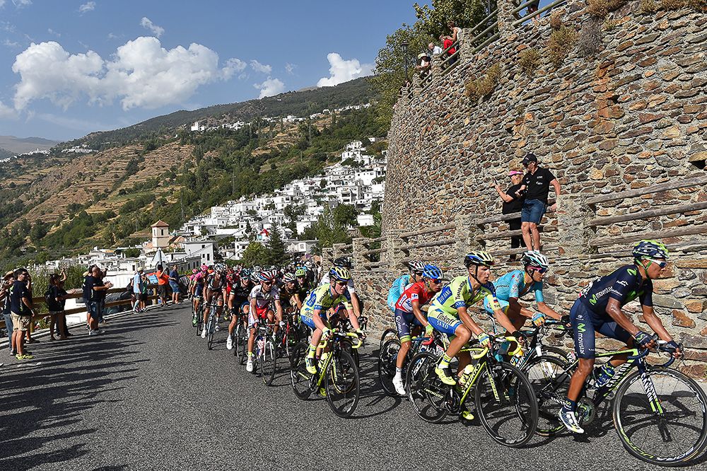 The peloton cruises through the Spanish countryside.