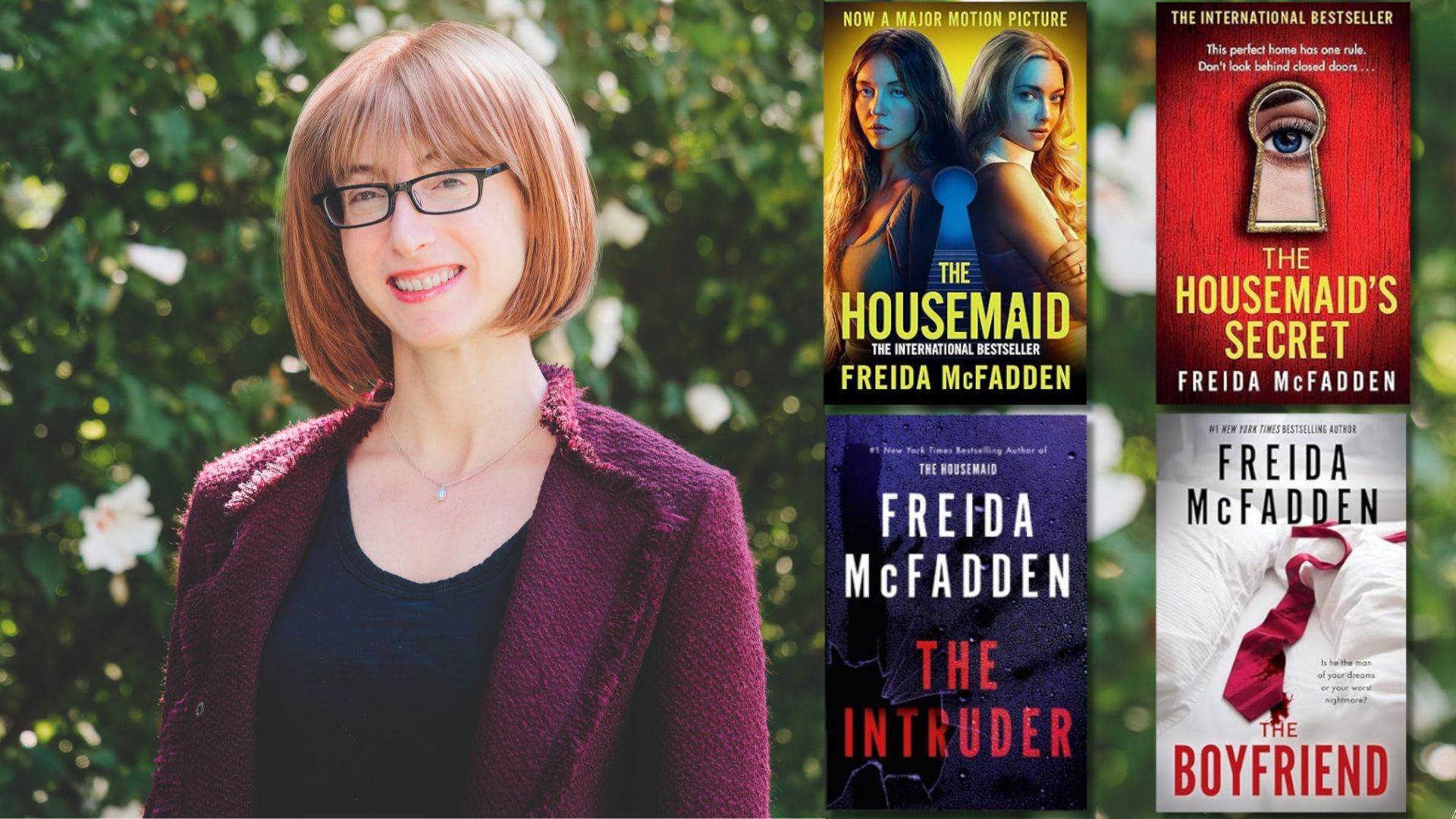 A headshot of author Freida McFadden with the covers of some of her books – The Housemaid, The Housemaid's Secret, The Intruder and the Boyfriend