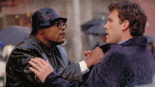 Samuel L. Jackson grabs Ben Affleck by the shirt collar in Changing Lanes