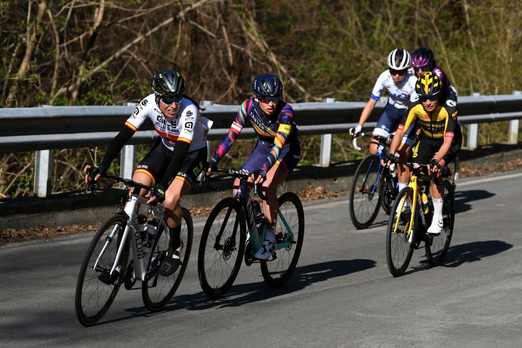 CITTIGLIO ITALY MARCH 21 Margarita Victoria Garcia Caellas of Spain and Team Ale Btc Ljubljana Katarzyna Niewiadoma of Poland and Team Canyon SRAM Racing Marianne Vos of Netherlands and Team Jumbo Visma Cecilie Uttrup Ludwig of Denmark and Team FDJ Nouvelle Aquitaine Futuroscope Soraya Paladin of Italy and Team Liv Racing during the 45th Trofeo Alfredo BindaComune di Cittiglio 2021 Womens Elite a 1418km stage from Cocquio Trevisago to Cittiglio 257m Breakaway TrBinda UCIWWT on March 21 2021 in Cittiglio Italy Photo by Tim de WaeleGetty Images