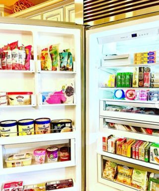 An open fridge door showing shelves of organized food inset, and in the door itself