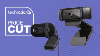 The Logitech Brio 101 and C920x webcams on a purple background next to a white TechRadar badge in the upper left that reads 'Price Cut'