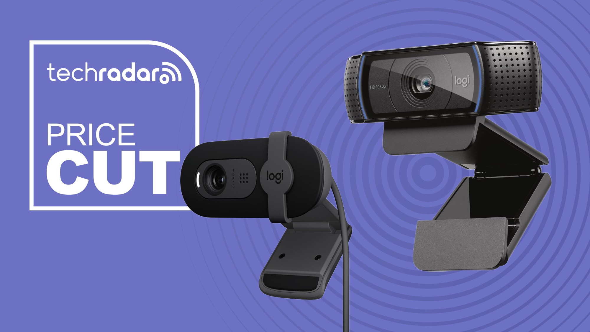 The Logitech Brio 101 and C920x webcams on a purple background next to a white TechRadar badge in the upper left that reads 'Price Cut'