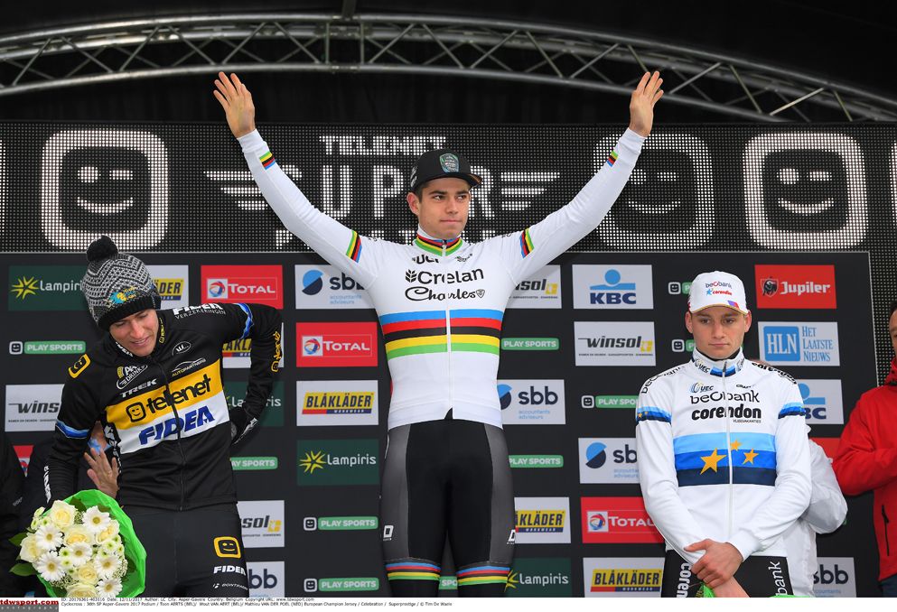 Wout Van Aert (Crelan - Charles) on the top step at Superprestige Gavere