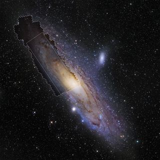 This wide-field view shows the Andromeda Galaxy (M31) The extent of the new PHAT survey of Andromeda using the NASA/ESA Hubble Space Telescope appears in the irregularly shaped region, and the rectangle within represents the main image of this article. Image released Jan. 5, 2015.