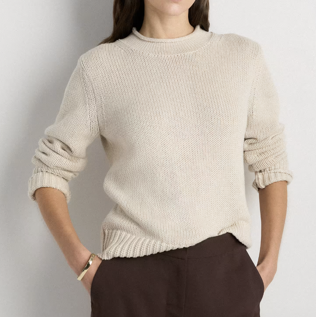 Quince, 100% Organic Cotton Roll Neck Sweater in Speckled Beige