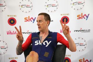 Bradley Wiggins relaxes after breaking the UCI Hour Record.