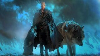 Dragon Age 4's Solas standing beside a wolf, surrounded by blue flames