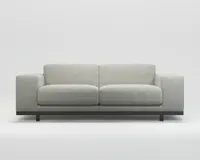 A chalk boucle three-seater sofa with wide armrests and rectangular form