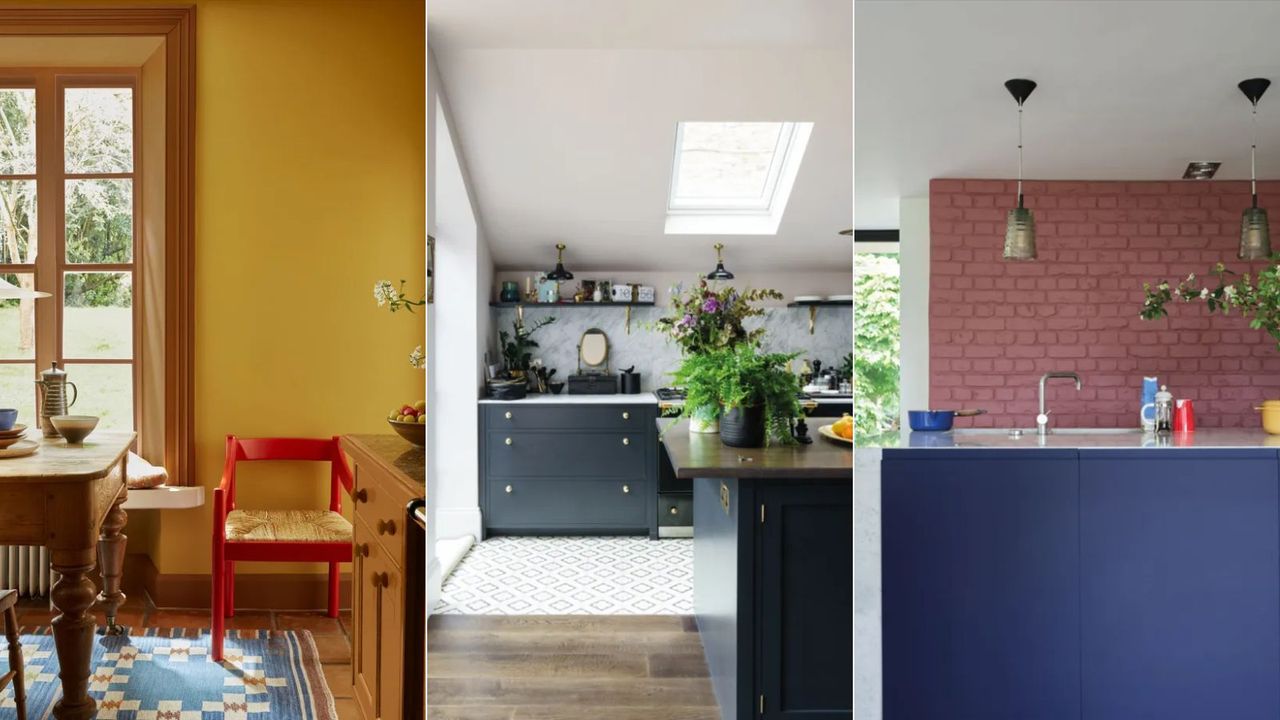 yellow kitchen with red chair, white kitchen with black cabinets, kitchen with dark blue island and plaster pink brick wall