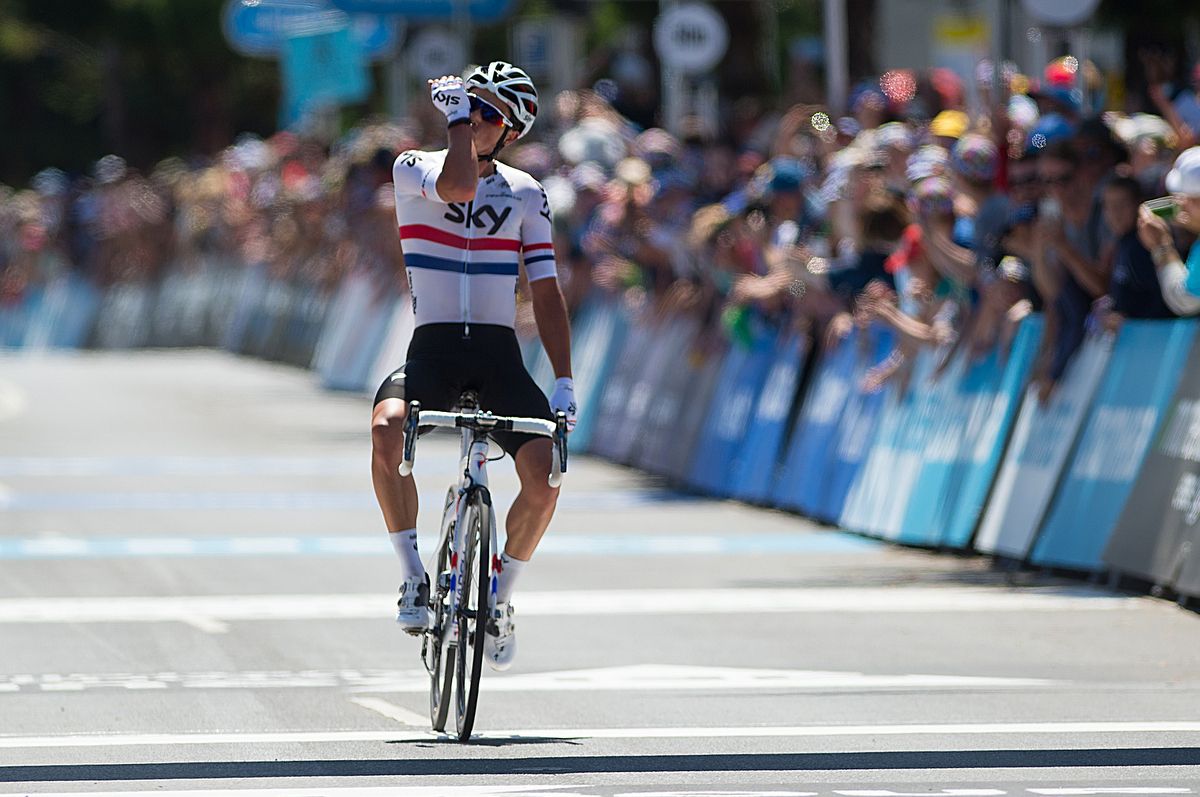 Peter Kennaugh celebrating his Cadel Evans Great Ocean Road Race victory