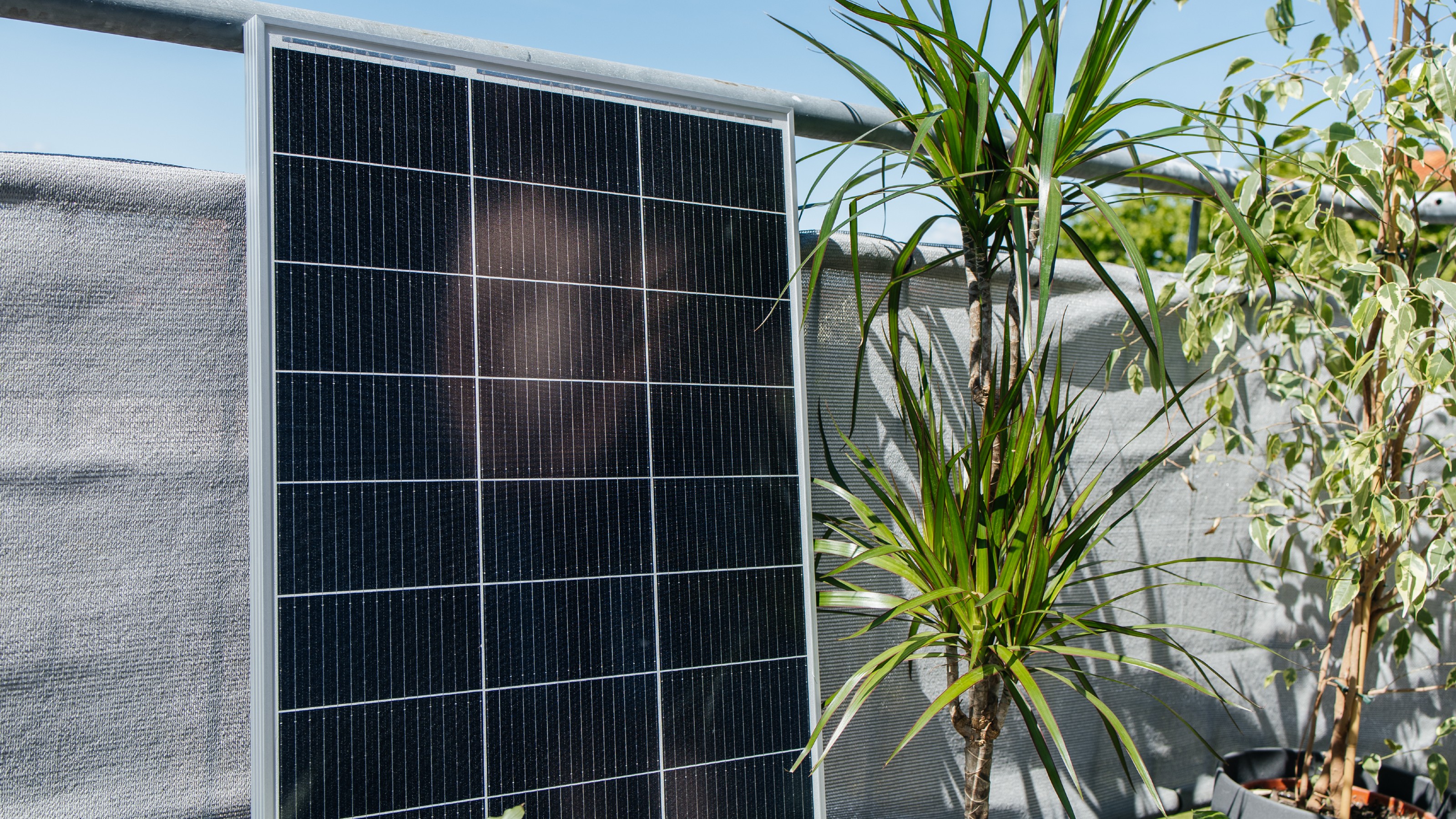 Solar panel on a sunny balcony next to green potted plants