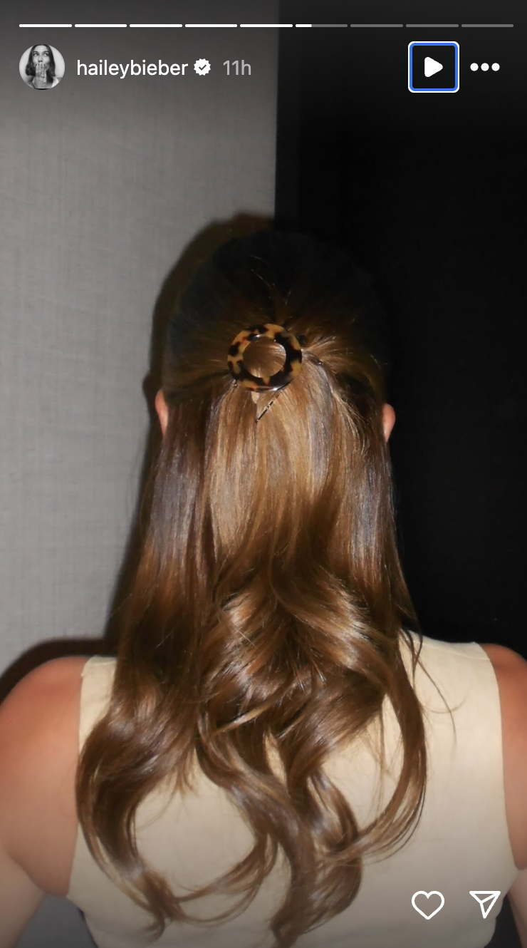 Hailey Bieber half up half down hairstyle