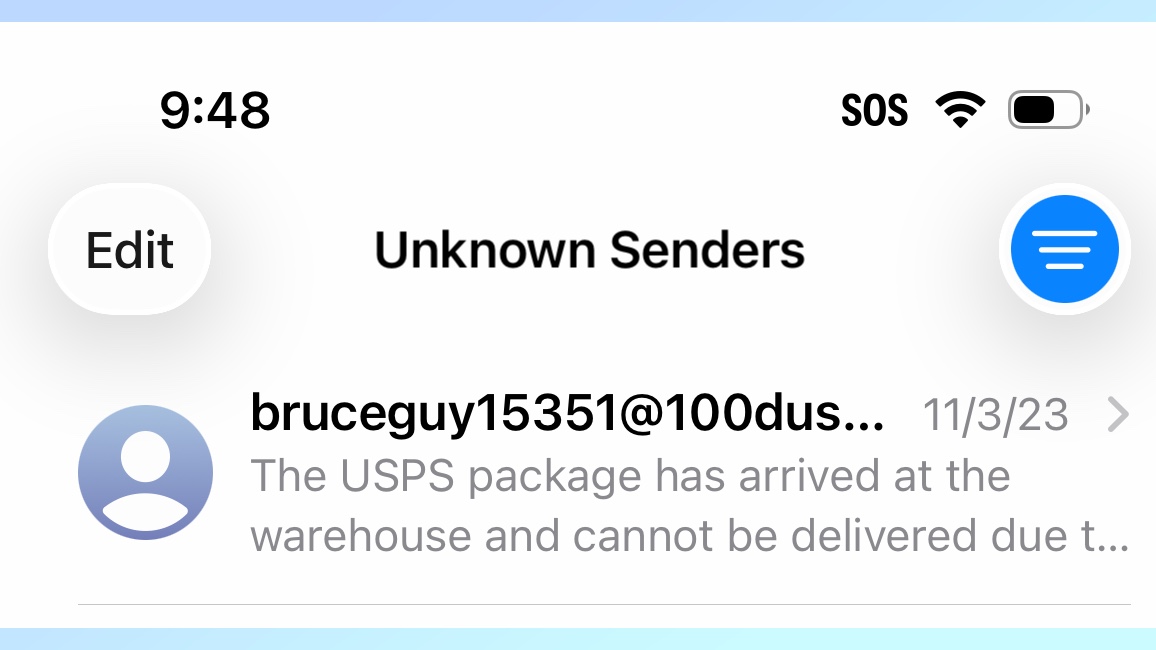 Unknown Senders screen in iOS 26 Messages