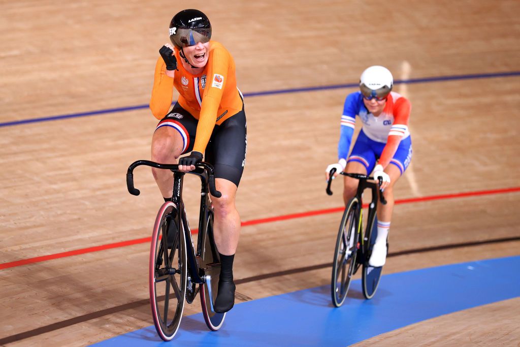 IZU JAPAN AUGUST 08 Kirsten Wild of Team Netherlands celebrates winning a bronze medal during the Womens Omnium finals of the track cycling on day sixteen of the Tokyo 2020 Olympic Games at Izu Velodrome on August 08 2021 in Izu Shizuoka Japan Photo by Justin SetterfieldGetty Images