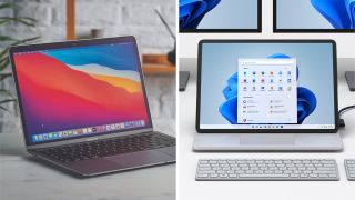 Apple laptop and microsoft laptop side by side