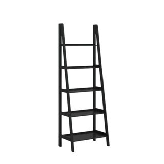 A black ladder bookshelf
