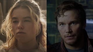 Milly Alcock squinting as Supergirl/Chris Pratt looking confused as Star-Lord
