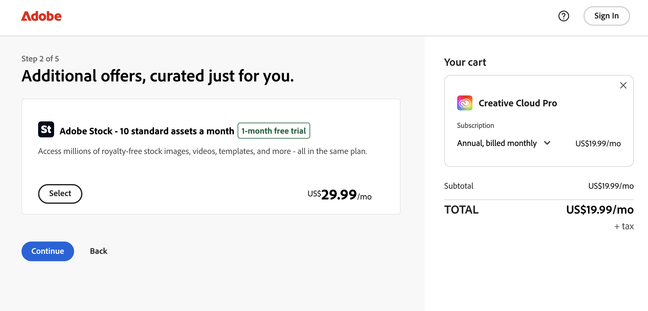 Adobe Student Discount - Adobe Stock option screen