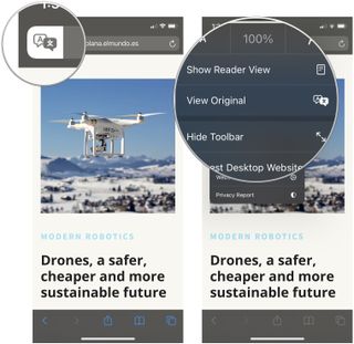 Translate webpages in iOS 14, showing how to tap the translate button, then tap View Original
