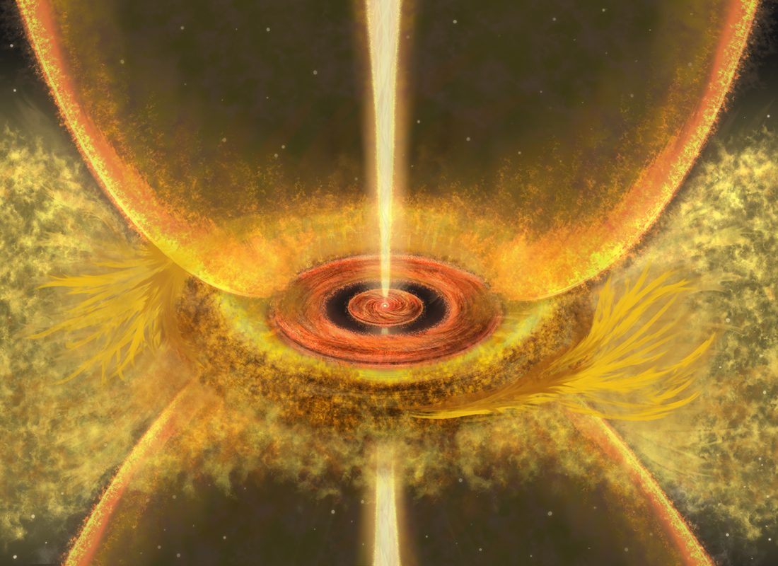 Un disco naranja brillante en una estructura dorada de doble lobulada más ancha.