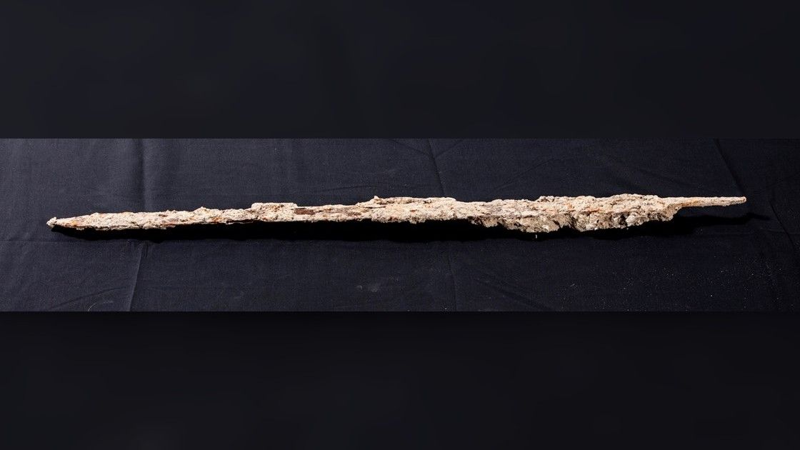 This large, rotted iron sword was buried as a gift in an unearthed Anglo-Saxon grave.