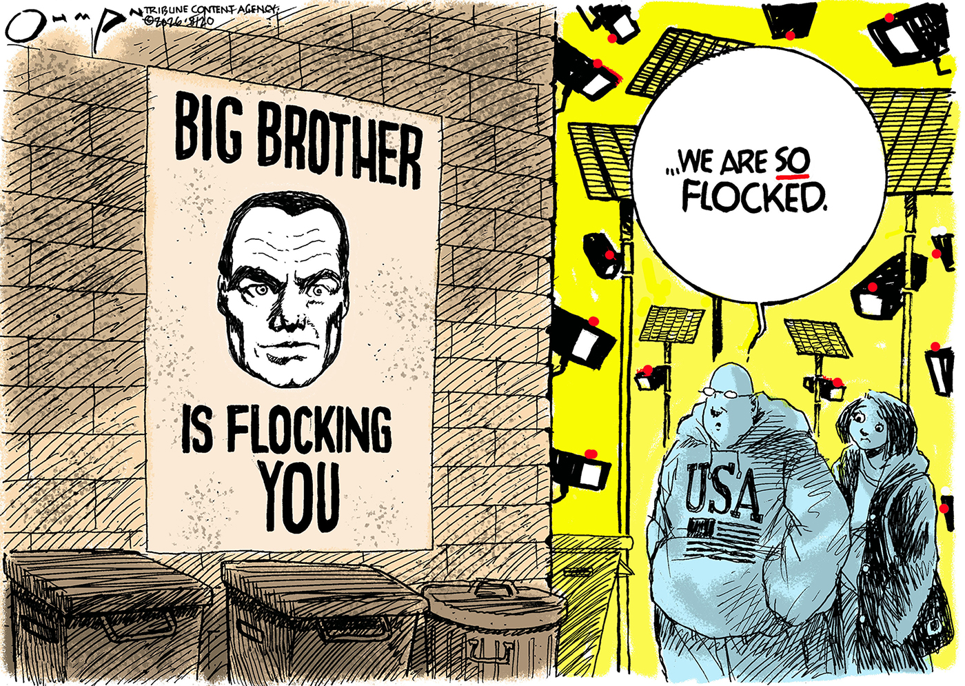An imposing sign on the side of a building reads, &amp;ldquo;BIG BROTHER IS FLOCKING YOU&amp;rdquo; and depicts a face staring. A man in a USA hoodie and a woman look at it as they are surrounded by cameras. The man says, &amp;ldquo;We are SO Flocked.&amp;rdquo;