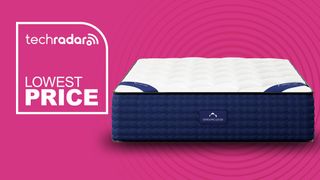 The DreamCloud mattress against a magenta background with a badge saying "LOWEST PRICE"
