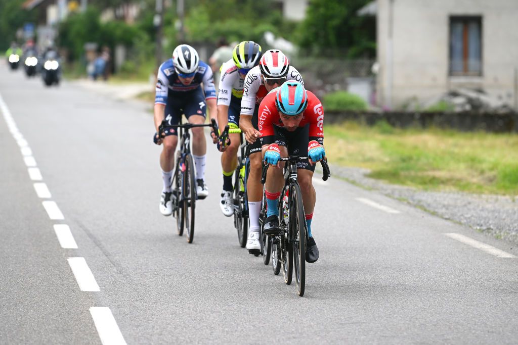 COL DE LA CROIX DE FER FRANCE JUNE 10 Victor Campenaerts of Belgium and Team Lotto Dstny competes in the breakaway during the 75th Criterium du Dauphine 2023 Stage 7 a 1479km stage from PortedeSavoie to Col de la Croix de Fer 2067m UCIWT on June 10 2023 in Col de la Croix de Fer France Photo by Dario BelingheriGetty Images