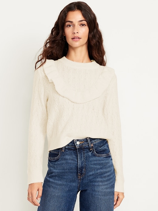 Wool-Blend Cropped Ruffle Sweater