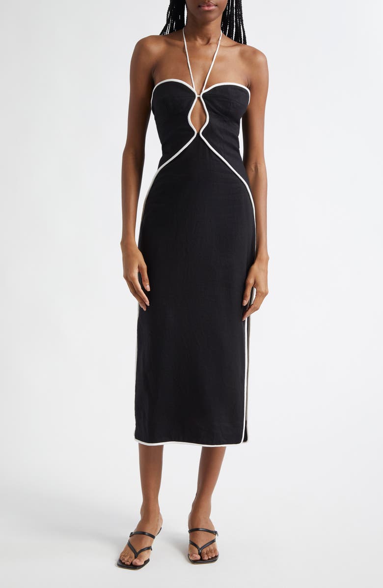 Contrast Detail Center Cutout Linen Blend Midi Dress