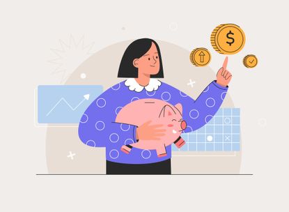 Woman holding piggybank while pointing to large coins.